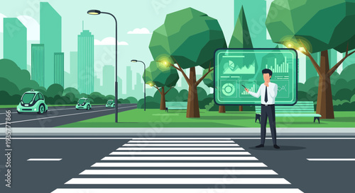 Man Interacting with Futuristic Holographic Display in Smart City.