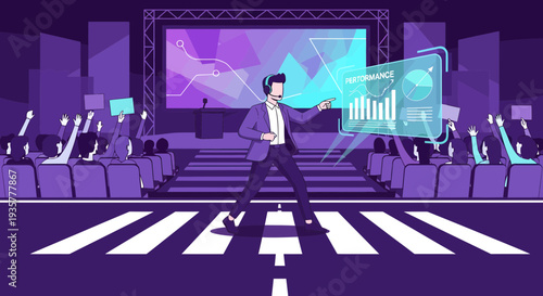 Man interacting with futuristic holographic data interface.