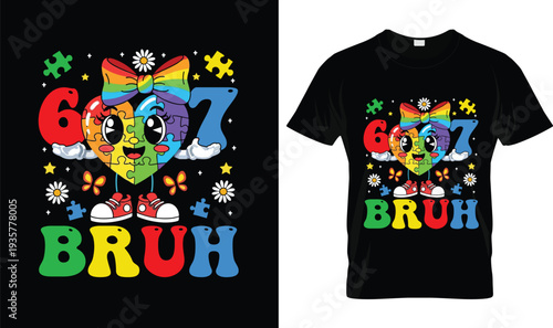 Autism 607 Bruh Puzzle Heart Cat Autism T-Shirt, t-shirt design, tshirt, vector, illustration, logo, apparel, typography, Autism