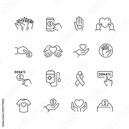 Volunteering and donations related icons thin vector icon set, black and white kit