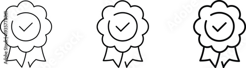 Three identical line art icons depicting a quality guarantee badge or award rosette with a checkmark and hanging ribbons.