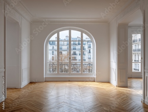 Elegant room features large arched window and wooden parquet floor. Sunlight streams through glass, illuminating the space. French-style window frames a city view with balconies