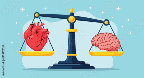 Brain and heart balanced on scales symbolizing thoughtful decision making and emotional intelligence or balance between logic and feelings in life and psychology concept illustration