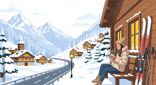 Woman in winter clothing enjoying a warm drink outdoors.