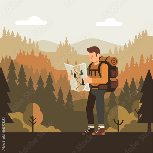Mapping the Journey: A lone hiker navigates a scenic trail, engrossed in a map, amidst towering trees and rolling hills.