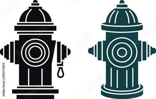Two fire hydrants in black and green on white background
