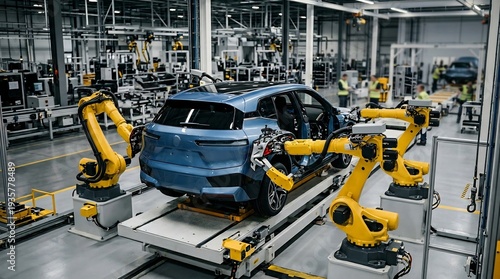 青い車と工場のロボット