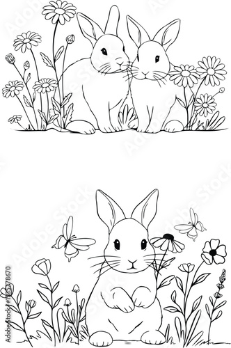 Cute Bunny Rabbit Coloring Page with Flowers Line Art Illustration.