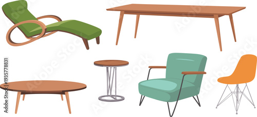 Mid century modern furniture set with lounge chair, wooden tables and designer seating, stylish retro interior collection in flat vector illustration