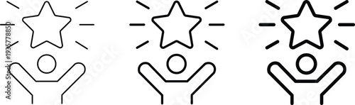 Line art icon of a person with raised arms celebrating a shining star above their head, symbolizing achievement, success, or excellence.