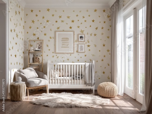 Cozy nursery with golden star wallpaper. White crib sits beside soft armchair. Natural light floods in through tall windows. Rounded rug adds warmth to wooden floor