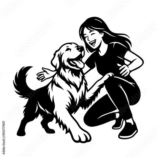 happy woman playing with dog pet friendship silhouette vector illustration