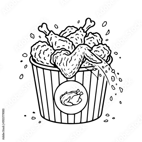 Crispy Fried Chicken Bucket Illustration – Fast Food Takeaway and Crunchy Deep Fried Poultry Line Art Icon
