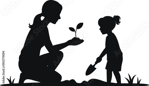 Mother and daughter gardening silhouette with woman holding plant seedling, black vector illustration of parent and child planting isolated on white background