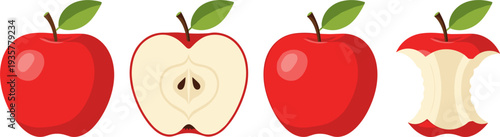 Apple Icon Set Featuring Whole Apple, Apple Half and Apple Core with Leaf for Fresh Fruit Design, Healthy Food Illustration and Organic Produce Graphics