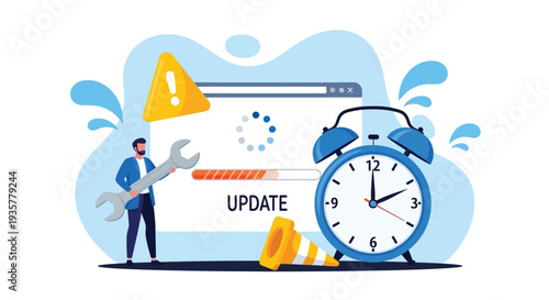 Software update process with progress bar loading symbol on computer screen and person holding wrench tool near alarm clock and traffic cone symbolizing urgent system upgrade and maintenance schedule 