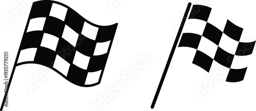 Two black and white checkered racing flags on poles waving  isolated on transparent background
