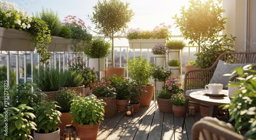 A vibrant balcony garden with a variety of plants and flowers, including herbs and succulents, arranged in a lush and colorful display. 