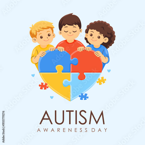 children holding heart puzzle for autism awareness day vector