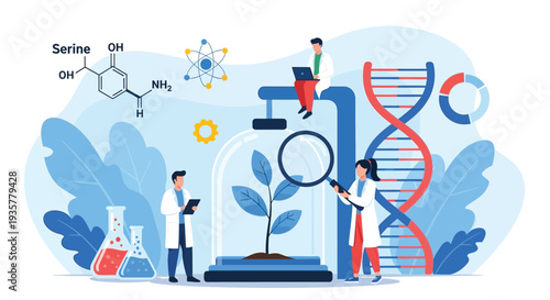 Scientists conducting genetic research in laboratory, plant study in flask, dna helix, chemical structure of Serine amino acid, molecular science