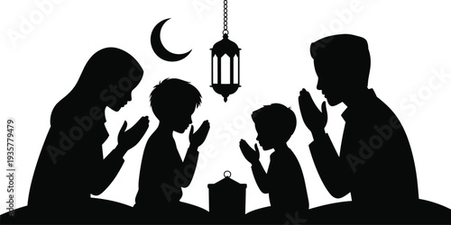 Muslim family praying together at night silhouette with crescent moon and lantern, Ramadan Kareem concept isolated on white background