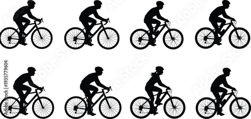 Cyclist silhouettes set, road bike riders in racing position black vector illustration isolated on white background for sport, fitness and cycling design