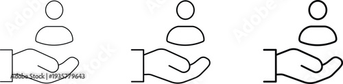 Line art icon showing an open hand supporting a person symbol, representing customer care, user support, or human resource management.