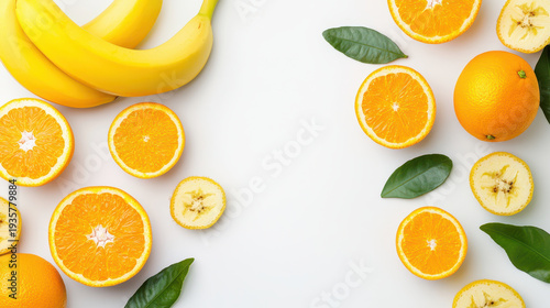 Fresh fruits like bananas and oranges arranged beautifully on white background, creating vibrant and cheerful display