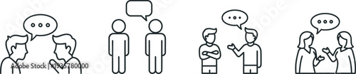 Simple line drawings of people communicating in various group settings