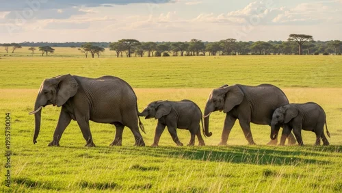 Fototapeta Elephant Family Walking in Savanna Grassland.