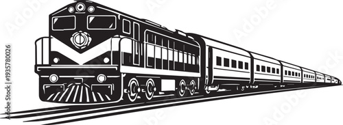 A powerful black and white vector illustration of a classic diesel locomotive train with multiple cars on tracks.