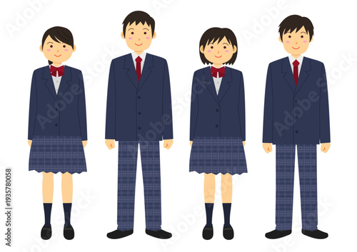 ブレザーの制服を着た男女の学生のイラストのセット_4人_紺