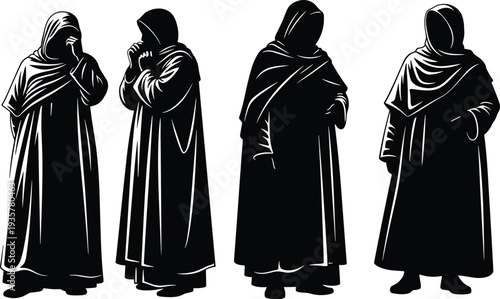 Hooded monk silhouettes set, mysterious cloaked figures in robes, faceless medieval fantasy characters isolated on white background, black vector illustration