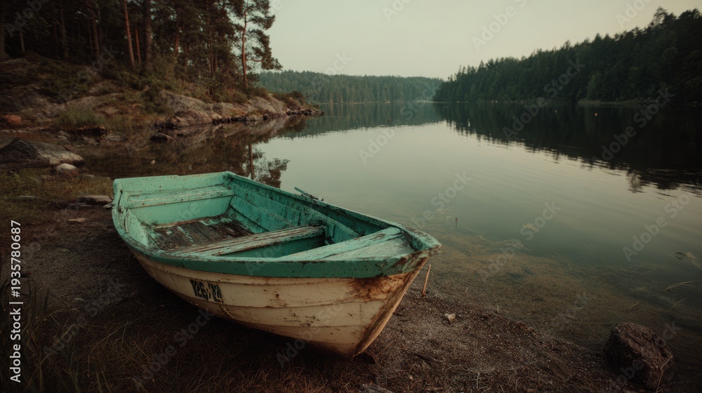 Obraz premium Old Vintage Boat Resting on Tranquil Lake Shore at Dawn