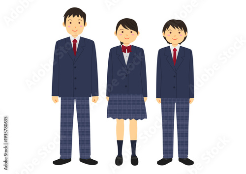ブレザーの制服を着た男女の学生のイラストのセット_紺