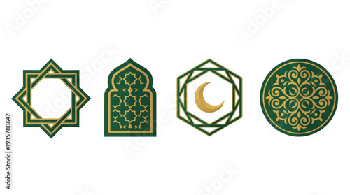 Set of 4 Islamic geometric ornament vector icons in green and gold