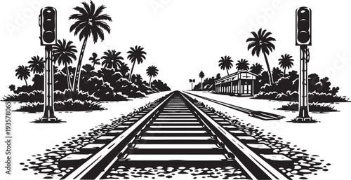 A picturesque black and white vector landscape showing railroad tracks leading to a tropical station with palm trees.
