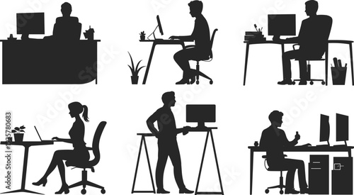 Office workers silhouettes set with men and women at desks using computers, black vector illustration of workplace scenes isolated on white background