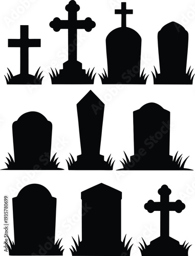 Gravestone silhouettes illustration, cemetery cross artwork, memorial headstone design, gothic grave markers, Halloween tombstone icons, religious cemetery pattern, funeral symbol collection