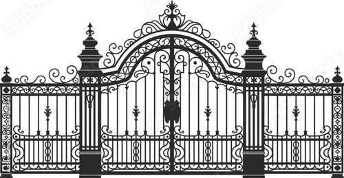 Ornate wrought iron gate decorative vintage entrance fence with scrollwork pattern classic architectural metal gate design vector illustration isolated