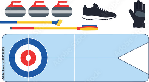Curling sport equipment set with stones broom shoes gloves and curling sheet vector illustration