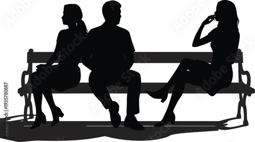 People sitting on park bench silhouette, outdoor conversation social interaction friendship meeting relaxation, casual lifestyle communication concept illustration