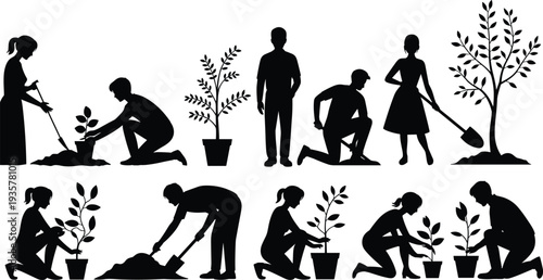 People planting trees and gardening silhouette set, men and women caring for plants in environmental conservation concept isolated on white background