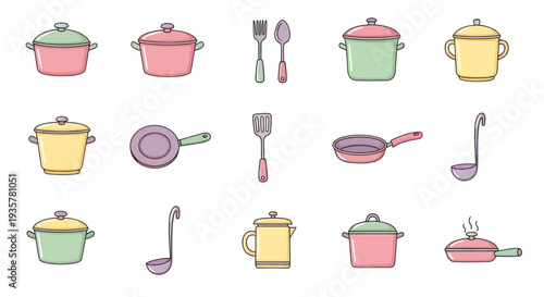 Colorful kitchen utensils and cookware set