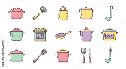 Colorful kitchen utensils and cookware set