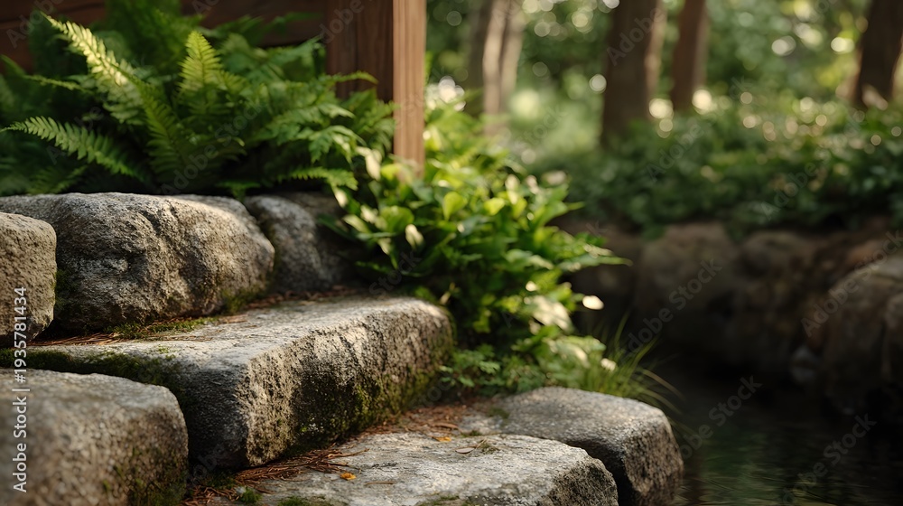 Obraz premium Serene stone steps in a lush garden beside a calm water stream