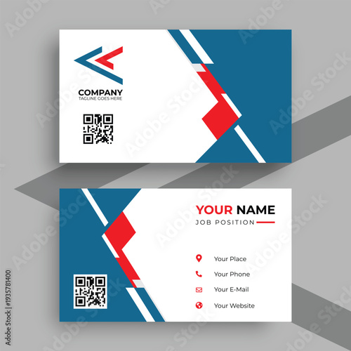 Modern professional business card template with blue and red geometric shapes and QR code integration
