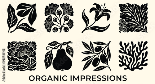 Abstract groovy floral posters. Black organic block print icons. Pear, olive branch, coral and ginkgo leaf stamps. Linocut silhouette style. Vector isolated illustration set.