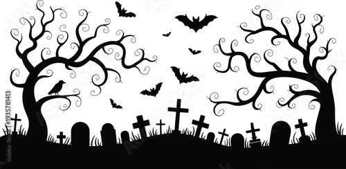 Spooky graveyard silhouette illustration, haunted cemetery artwork, eerie raven design, gothic burial scene, Halloween horror graphic, black twisted tree pattern