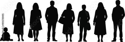 Silhouette of a diverse group of people standing and one sitting in a line